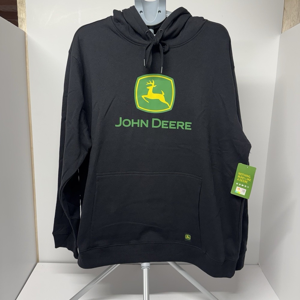 John Deere Hoodie Men's Black Pullover Logo Drawstring Kangaroo Pocket 2XL NWT